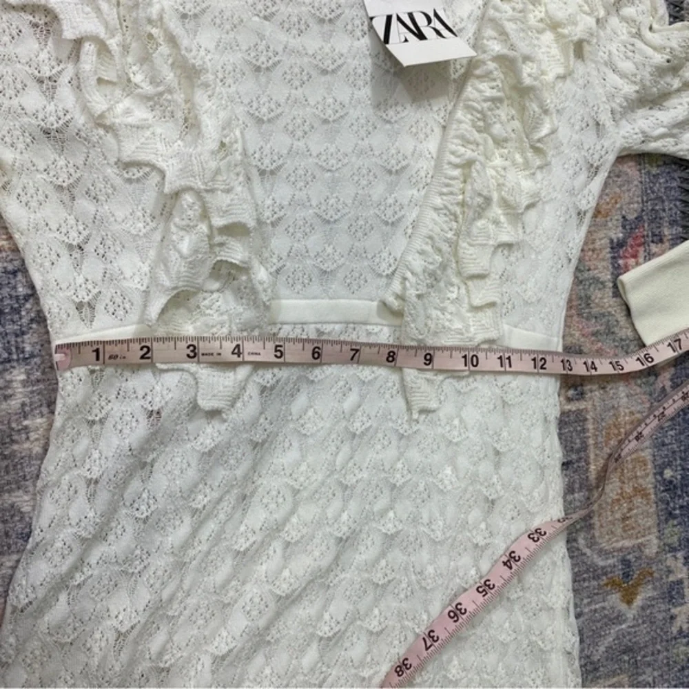 Zara NWT Medium White Pointelle‎ Knit Long Sleeve Mini Dress Ruffles